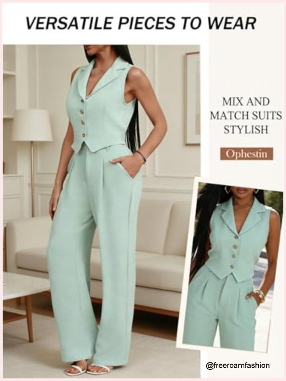 Women's Two Piece Pants Set Sleeveless Vest Blazer Wide Leg Office Outfit - Picture 5 of 7